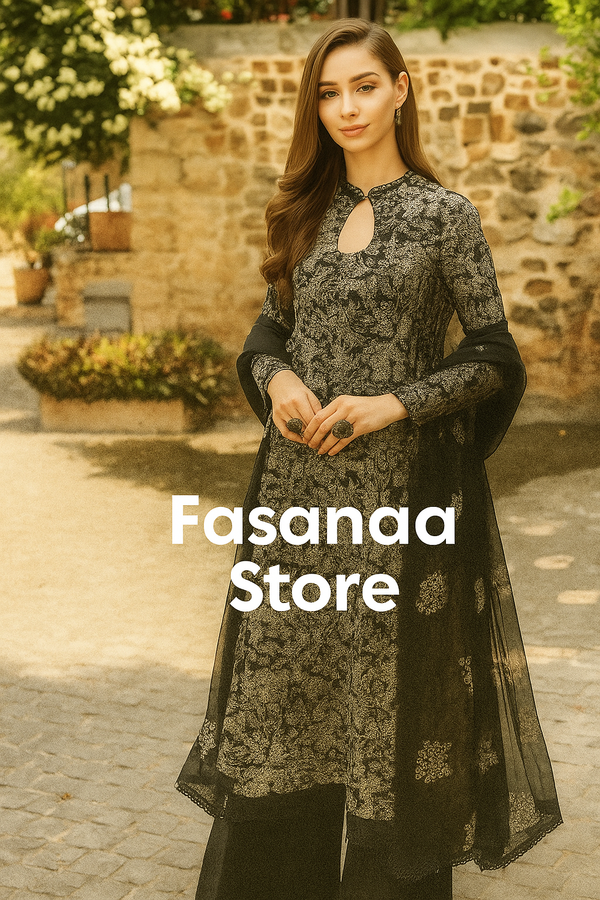 Midnight Elegance – Black Embroidered Dhanak 3-PC Suit