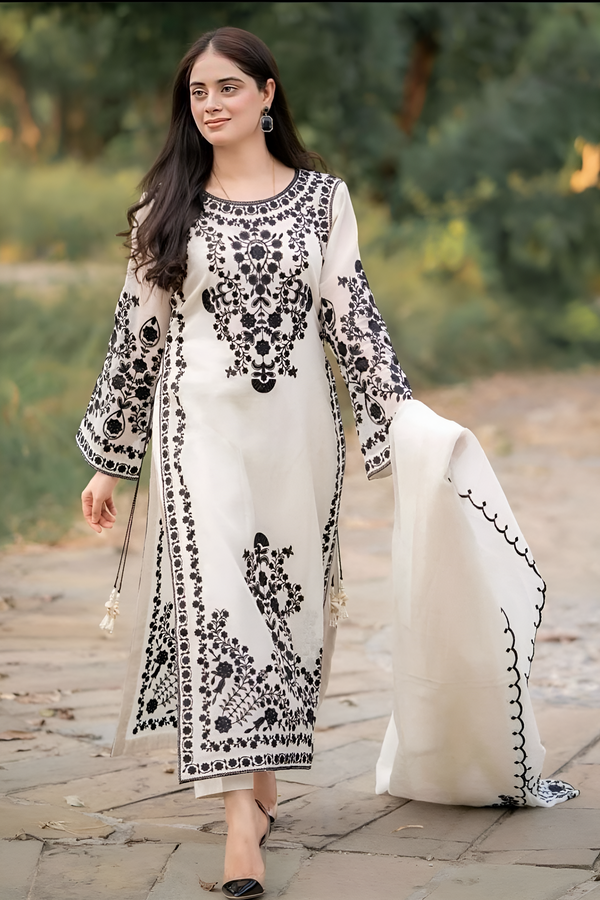 JAZMIN-3PC DHANAK EMBROIDERED SHIRT WITH DHANAK EMBROIDERED SHAWL & TROUSER-BIC-4205