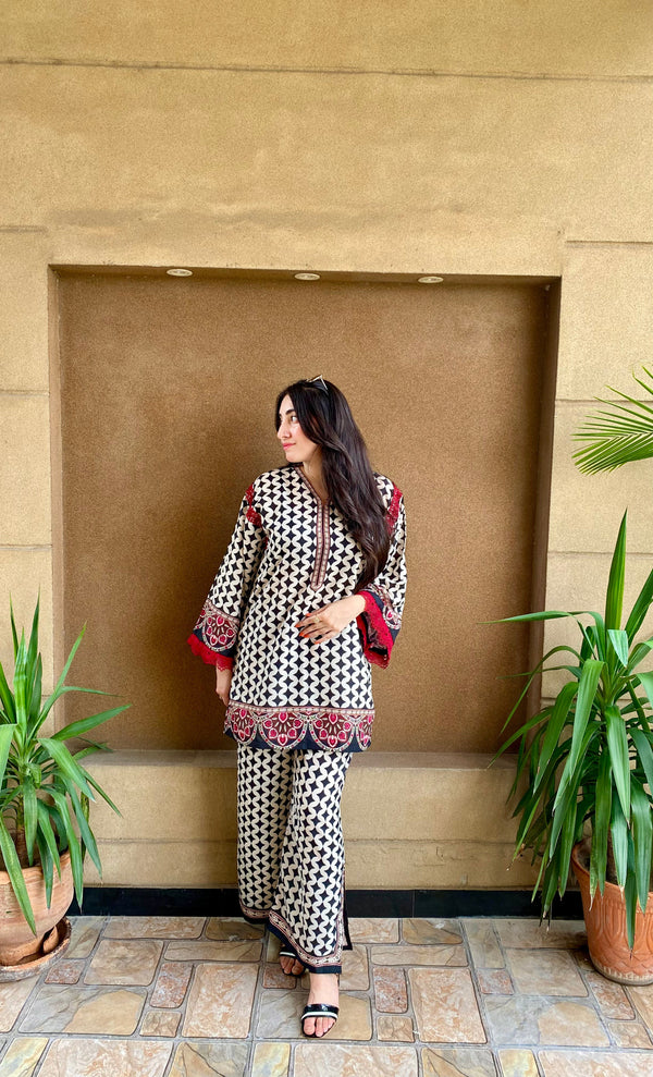 Crimson Charm – Printed Silk 2-PC Suit